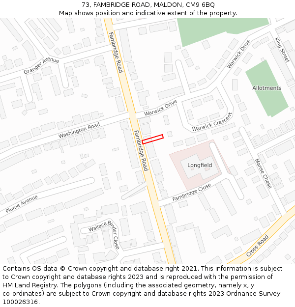73, FAMBRIDGE ROAD, MALDON, CM9 6BQ: Location map and indicative extent of plot