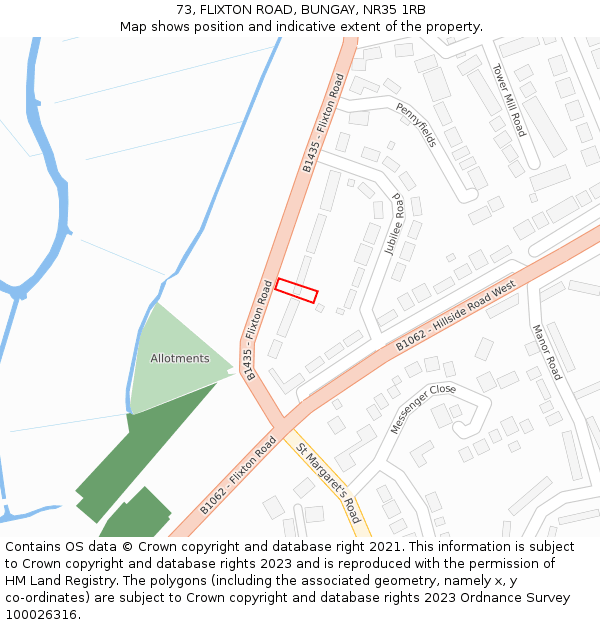 73, FLIXTON ROAD, BUNGAY, NR35 1RB: Location map and indicative extent of plot