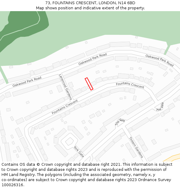 73, FOUNTAINS CRESCENT, LONDON, N14 6BD: Location map and indicative extent of plot