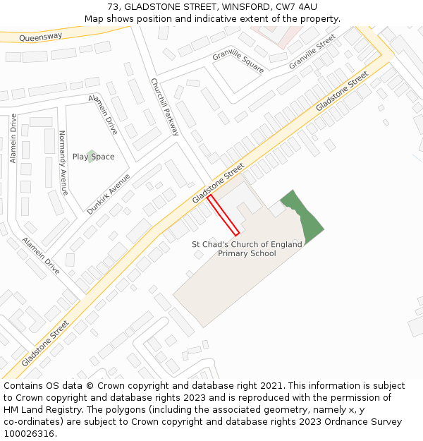 73, GLADSTONE STREET, WINSFORD, CW7 4AU: Location map and indicative extent of plot