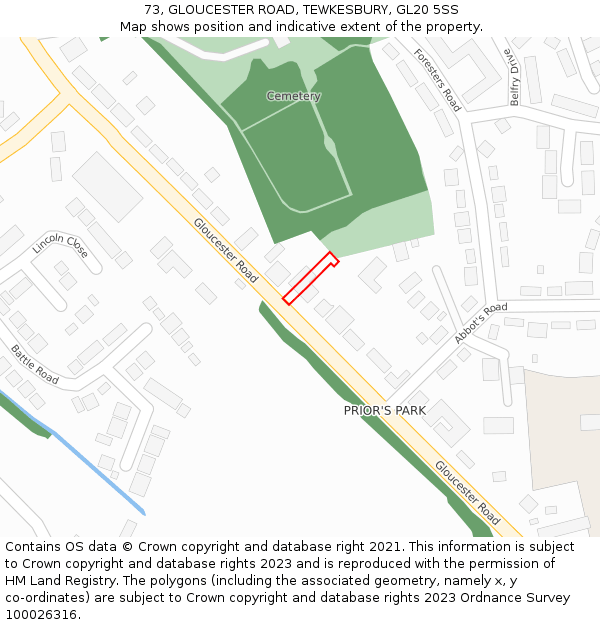 73, GLOUCESTER ROAD, TEWKESBURY, GL20 5SS: Location map and indicative extent of plot