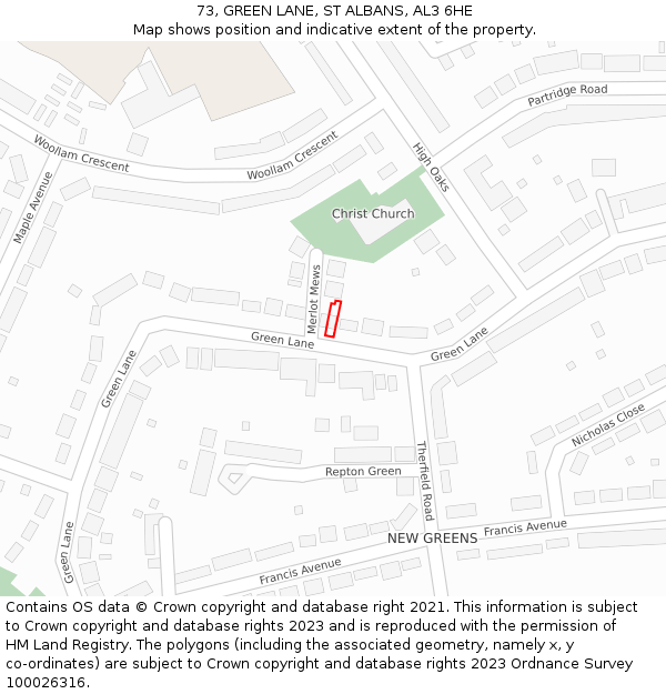 73, GREEN LANE, ST ALBANS, AL3 6HE: Location map and indicative extent of plot