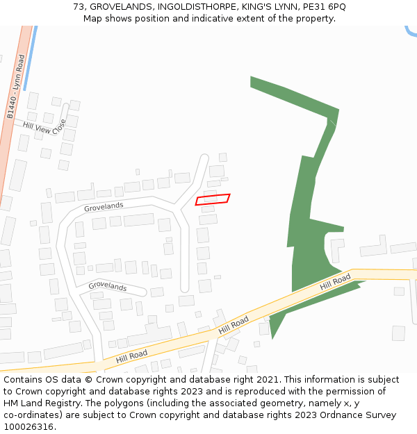 73, GROVELANDS, INGOLDISTHORPE, KING'S LYNN, PE31 6PQ: Location map and indicative extent of plot