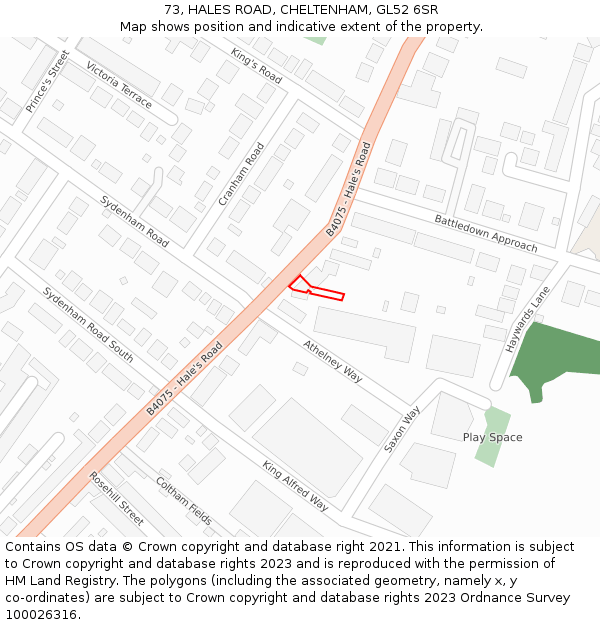 73, HALES ROAD, CHELTENHAM, GL52 6SR: Location map and indicative extent of plot