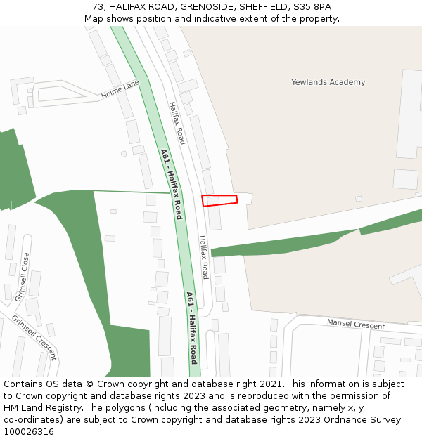 73, HALIFAX ROAD, GRENOSIDE, SHEFFIELD, S35 8PA: Location map and indicative extent of plot