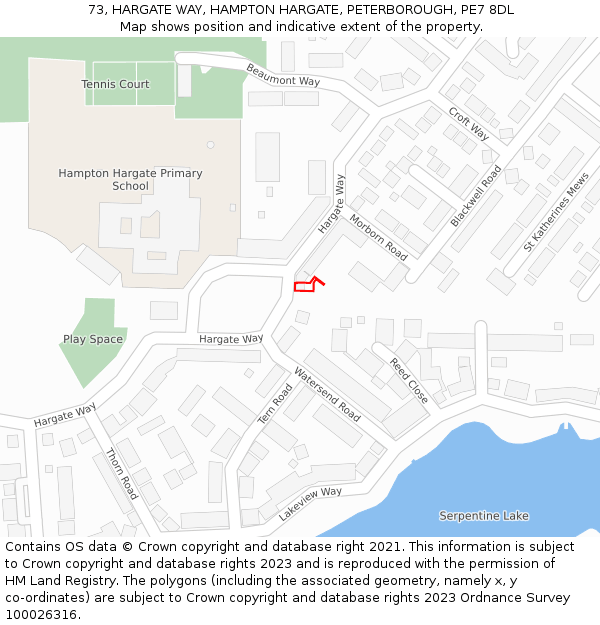 73, HARGATE WAY, HAMPTON HARGATE, PETERBOROUGH, PE7 8DL: Location map and indicative extent of plot