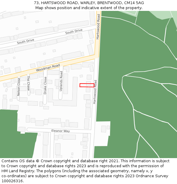 73, HARTSWOOD ROAD, WARLEY, BRENTWOOD, CM14 5AG: Location map and indicative extent of plot