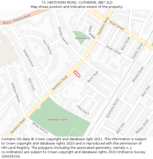 73, HENTHORN ROAD, CLITHEROE, BB7 2LD: Location map and indicative extent of plot