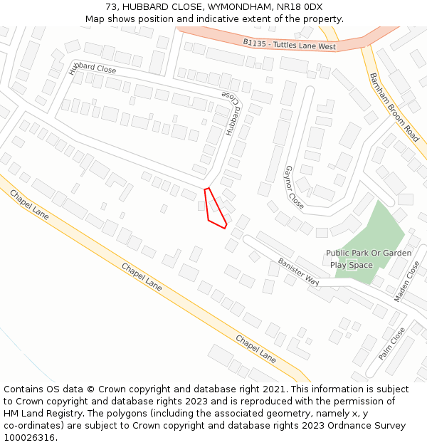 73, HUBBARD CLOSE, WYMONDHAM, NR18 0DX: Location map and indicative extent of plot