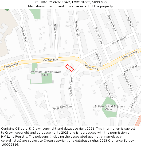 73, KIRKLEY PARK ROAD, LOWESTOFT, NR33 0LQ: Location map and indicative extent of plot