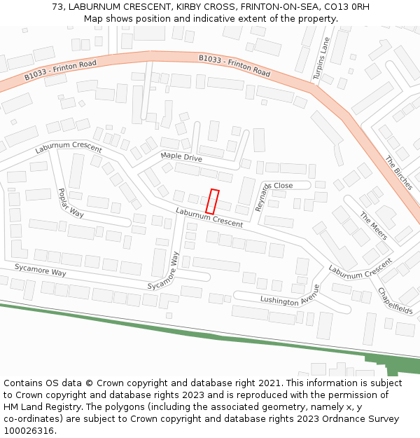 73, LABURNUM CRESCENT, KIRBY CROSS, FRINTON-ON-SEA, CO13 0RH: Location map and indicative extent of plot