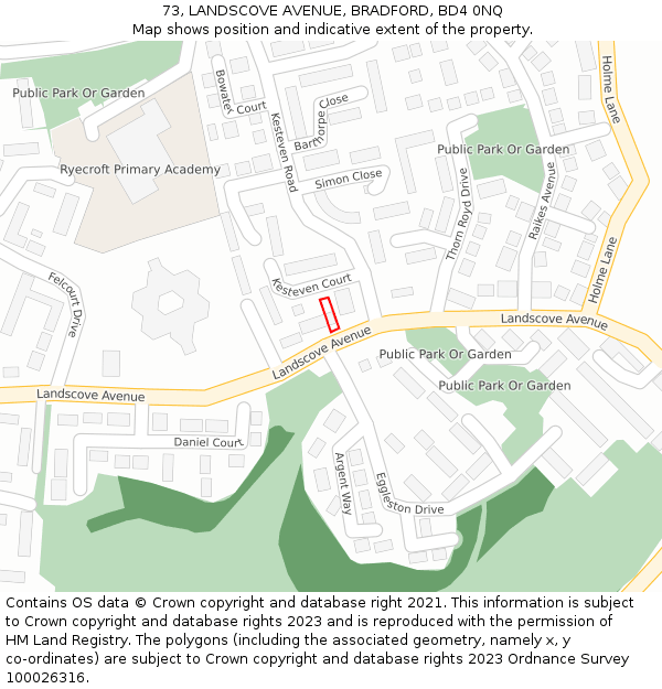 73, LANDSCOVE AVENUE, BRADFORD, BD4 0NQ: Location map and indicative extent of plot