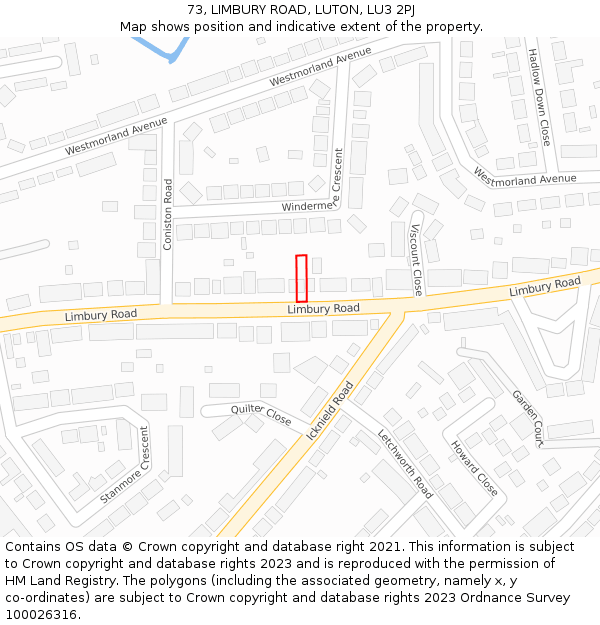 73, LIMBURY ROAD, LUTON, LU3 2PJ: Location map and indicative extent of plot