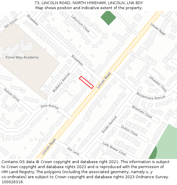 73, LINCOLN ROAD, NORTH HYKEHAM, LINCOLN, LN6 8DY: Location map and indicative extent of plot
