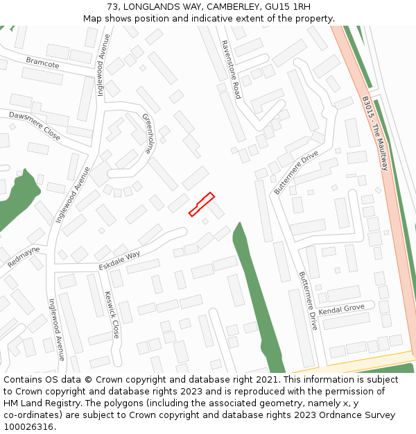 73, LONGLANDS WAY, CAMBERLEY, GU15 1RH: Location map and indicative extent of plot