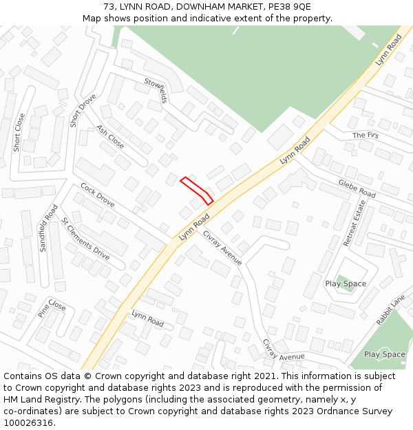 73, LYNN ROAD, DOWNHAM MARKET, PE38 9QE: Location map and indicative extent of plot