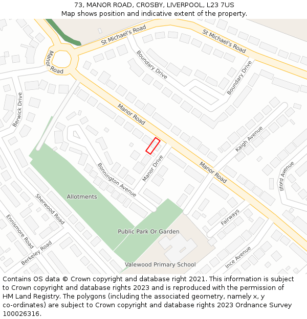 73, MANOR ROAD, CROSBY, LIVERPOOL, L23 7US: Location map and indicative extent of plot