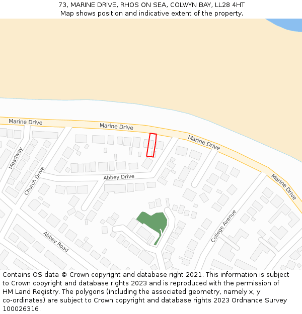 73, MARINE DRIVE, RHOS ON SEA, COLWYN BAY, LL28 4HT: Location map and indicative extent of plot