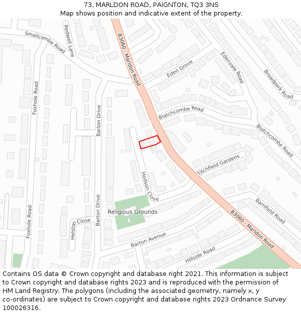 73, MARLDON ROAD, PAIGNTON, TQ3 3NS: Location map and indicative extent of plot