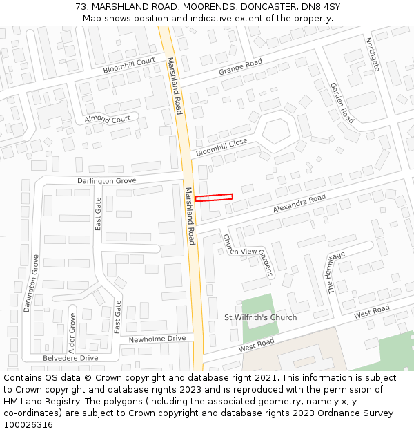 73, MARSHLAND ROAD, MOORENDS, DONCASTER, DN8 4SY: Location map and indicative extent of plot