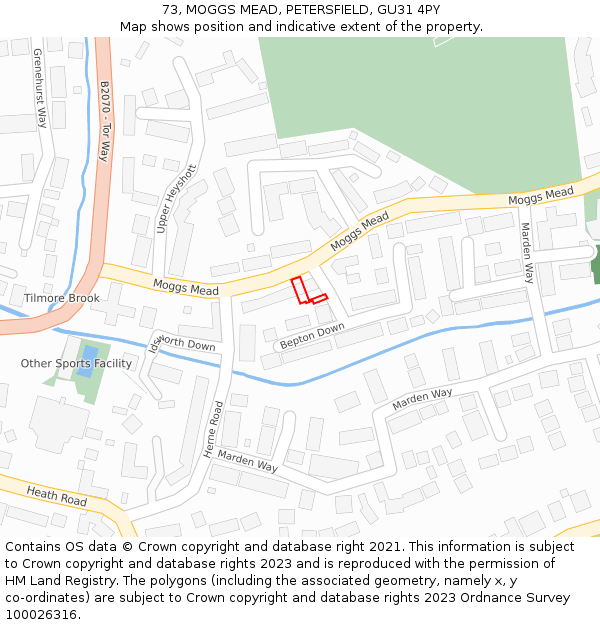 73, MOGGS MEAD, PETERSFIELD, GU31 4PY: Location map and indicative extent of plot