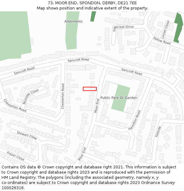 73, MOOR END, SPONDON, DERBY, DE21 7EE: Location map and indicative extent of plot