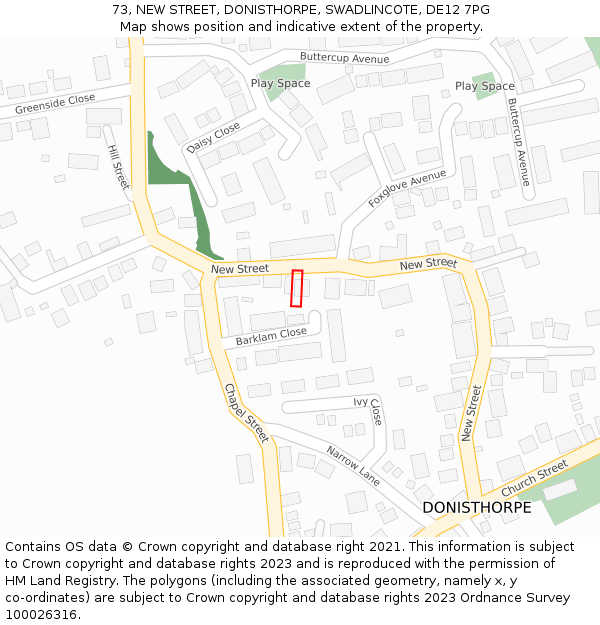 73, NEW STREET, DONISTHORPE, SWADLINCOTE, DE12 7PG: Location map and indicative extent of plot