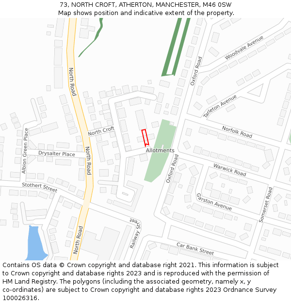 73, NORTH CROFT, ATHERTON, MANCHESTER, M46 0SW: Location map and indicative extent of plot