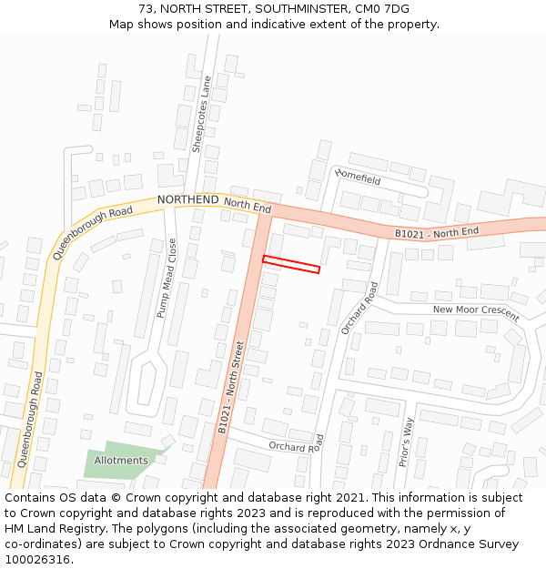 73, NORTH STREET, SOUTHMINSTER, CM0 7DG: Location map and indicative extent of plot