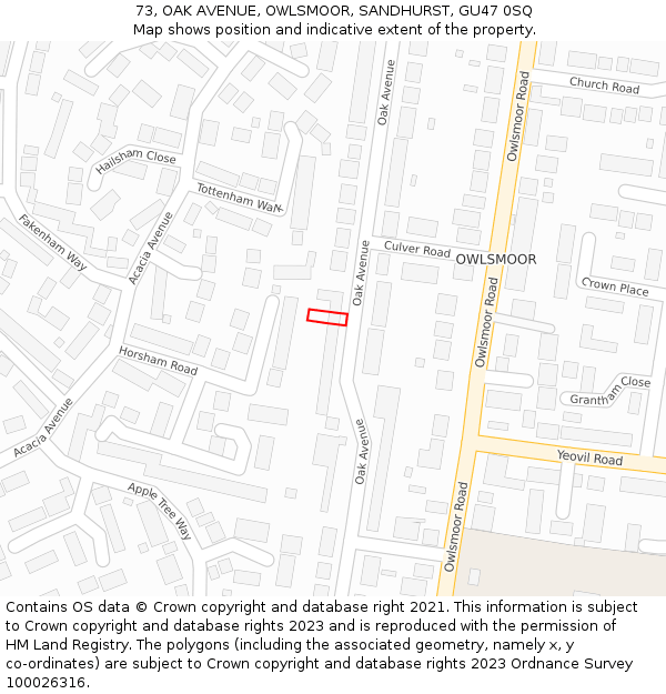 73, OAK AVENUE, OWLSMOOR, SANDHURST, GU47 0SQ: Location map and indicative extent of plot