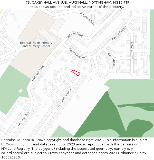 73, OAKENHALL AVENUE, HUCKNALL, NOTTINGHAM, NG15 7TF: Location map and indicative extent of plot
