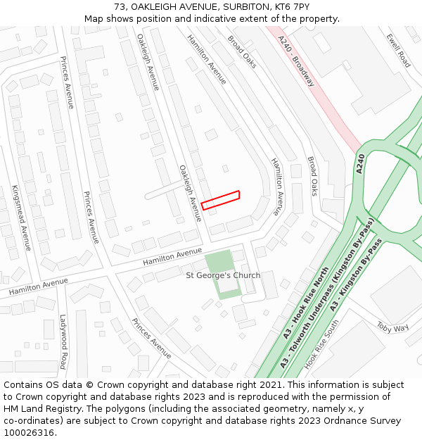 73, OAKLEIGH AVENUE, SURBITON, KT6 7PY: Location map and indicative extent of plot