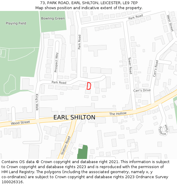 73, PARK ROAD, EARL SHILTON, LEICESTER, LE9 7EP: Location map and indicative extent of plot