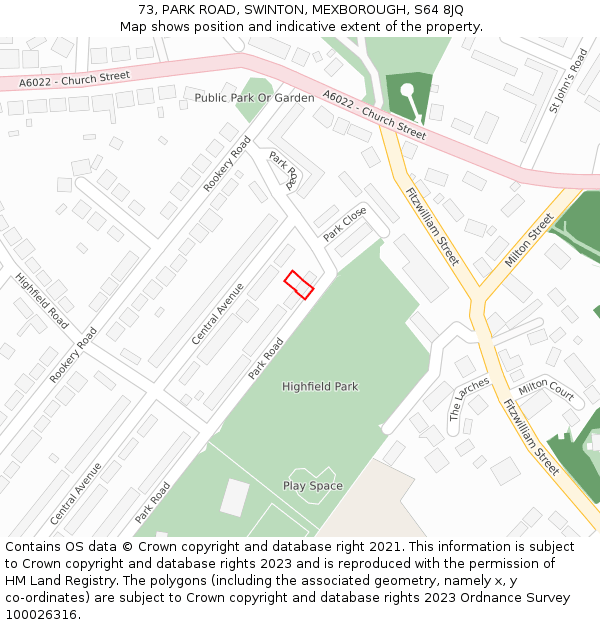 73, PARK ROAD, SWINTON, MEXBOROUGH, S64 8JQ: Location map and indicative extent of plot