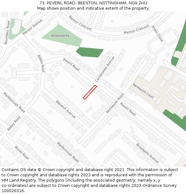 73, PEVERIL ROAD, BEESTON, NOTTINGHAM, NG9 2HU: Location map and indicative extent of plot