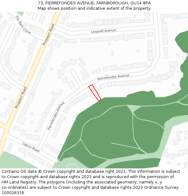73, PIERREFONDES AVENUE, FARNBOROUGH, GU14 8PA: Location map and indicative extent of plot