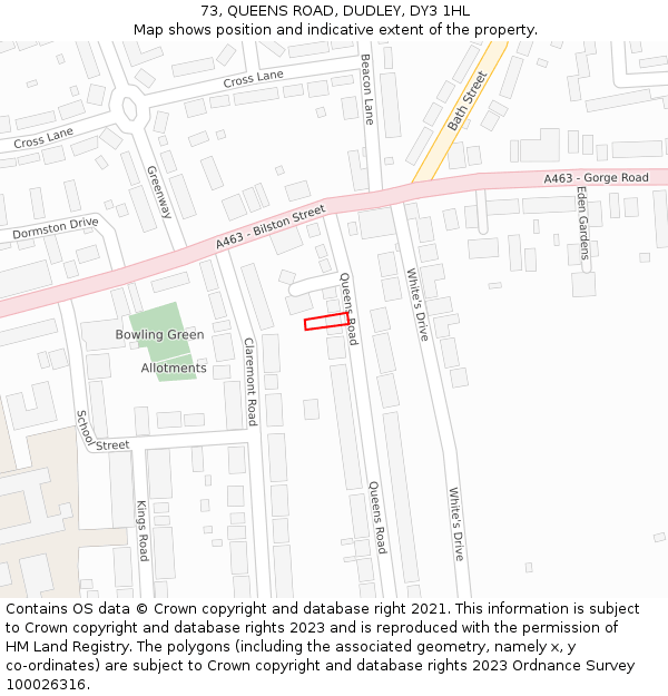 73, QUEENS ROAD, DUDLEY, DY3 1HL: Location map and indicative extent of plot