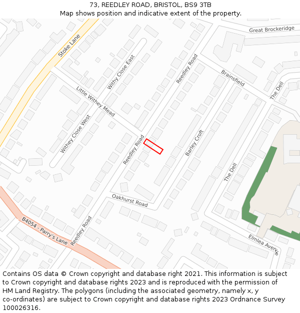 73, REEDLEY ROAD, BRISTOL, BS9 3TB: Location map and indicative extent of plot