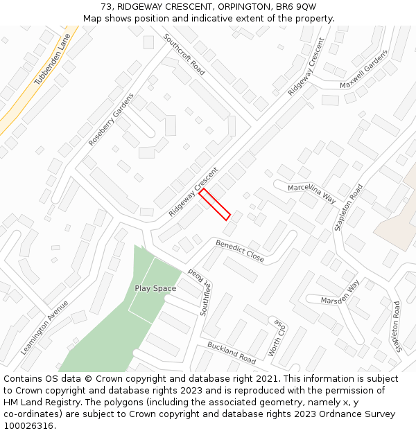 73, RIDGEWAY CRESCENT, ORPINGTON, BR6 9QW: Location map and indicative extent of plot