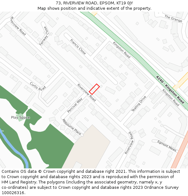 73, RIVERVIEW ROAD, EPSOM, KT19 0JY: Location map and indicative extent of plot
