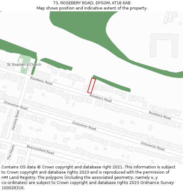 73, ROSEBERY ROAD, EPSOM, KT18 6AB: Location map and indicative extent of plot