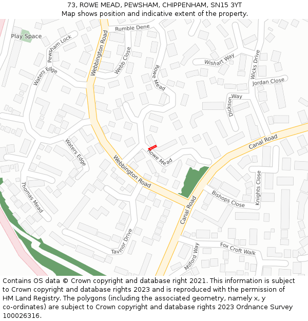 73, ROWE MEAD, PEWSHAM, CHIPPENHAM, SN15 3YT: Location map and indicative extent of plot