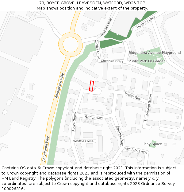 73, ROYCE GROVE, LEAVESDEN, WATFORD, WD25 7GB: Location map and indicative extent of plot