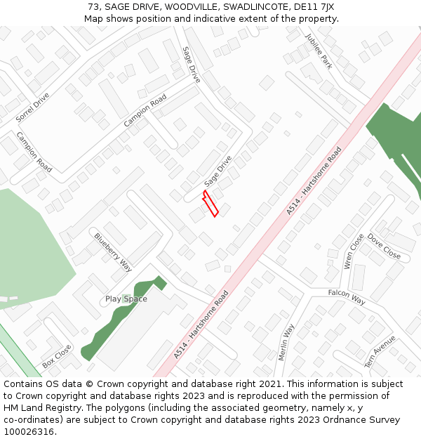 73, SAGE DRIVE, WOODVILLE, SWADLINCOTE, DE11 7JX: Location map and indicative extent of plot