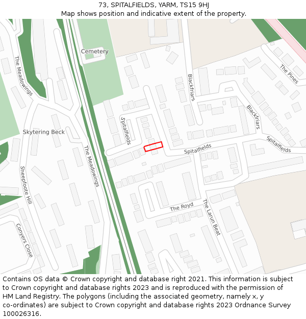 73, SPITALFIELDS, YARM, TS15 9HJ: Location map and indicative extent of plot