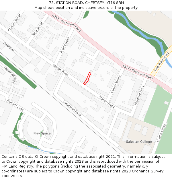73, STATION ROAD, CHERTSEY, KT16 8BN: Location map and indicative extent of plot