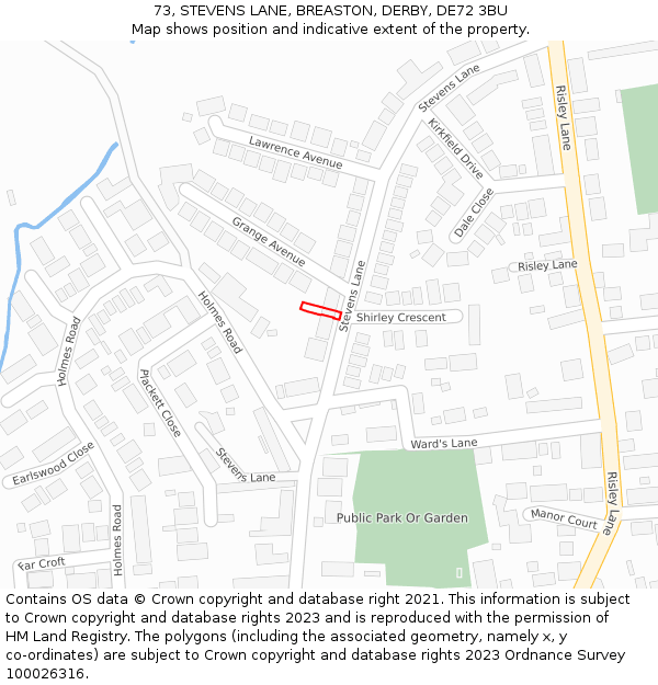 73, STEVENS LANE, BREASTON, DERBY, DE72 3BU: Location map and indicative extent of plot