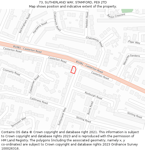 73, SUTHERLAND WAY, STAMFORD, PE9 2TD: Location map and indicative extent of plot