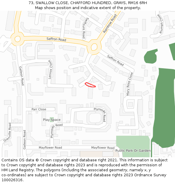 73, SWALLOW CLOSE, CHAFFORD HUNDRED, GRAYS, RM16 6RH: Location map and indicative extent of plot