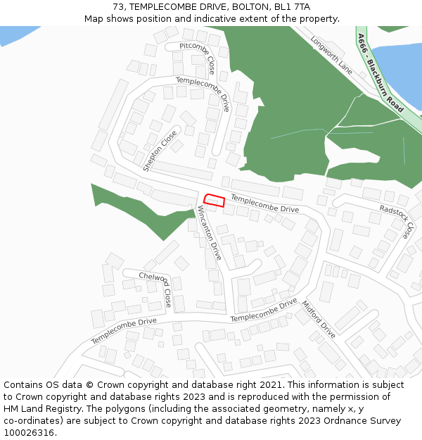 73, TEMPLECOMBE DRIVE, BOLTON, BL1 7TA: Location map and indicative extent of plot